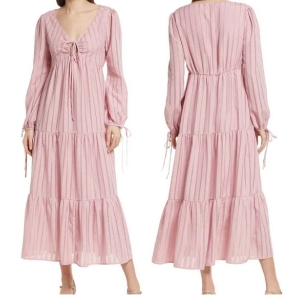 Charles Henry Dresses & Skirts - CHARLES HENRY Tiered Long Tie Sleeve Midi Pink Eyelet Dress Size Small N…